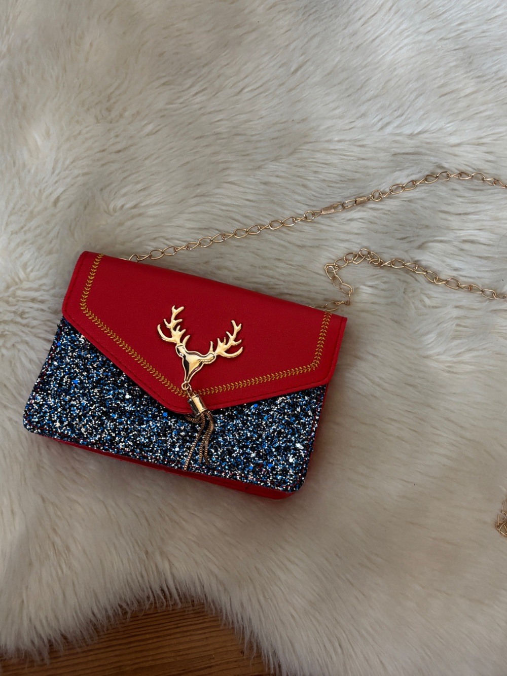 Red Glitter Accent Crossbody Bag with Gold Reindeer Detail